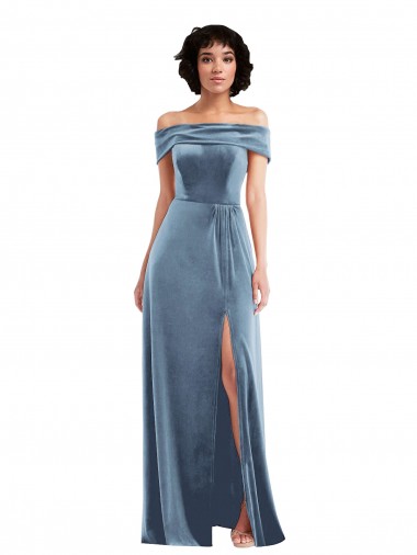 Affordable A-Line Off the Shoulder Stretch Velvet Long Dusty Blue Semi Formal Evening Dress Canada