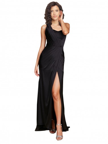 Affordable A-Line One Shoulder Silky Satin Long Black Evening Dress Canada