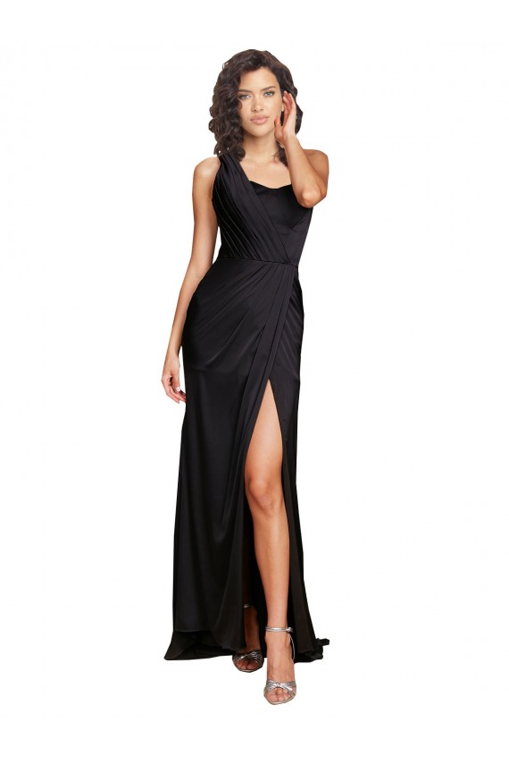 Affordable A-Line One Shoulder Silky Satin Long Black Evening Dress Canada