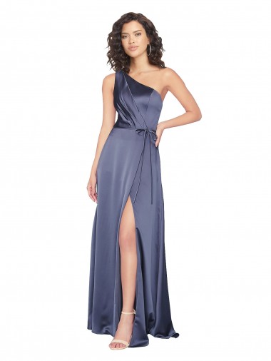 Affordable A-Line One Shoulder Silky Satin Long Dusk Formal Evening Dress Canada