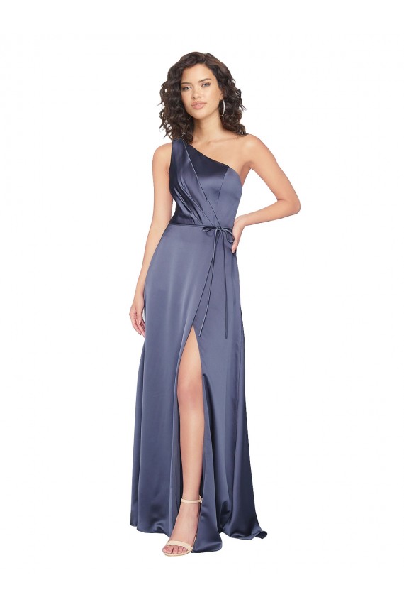 Affordable A-Line One Shoulder Silky Satin Long Dusk Formal Evening Dress Canada