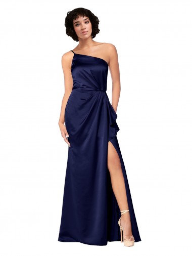 Affordable A-Line One Shoulder Silky Satin Long Sapphire Black Tie Evening Dress Canada