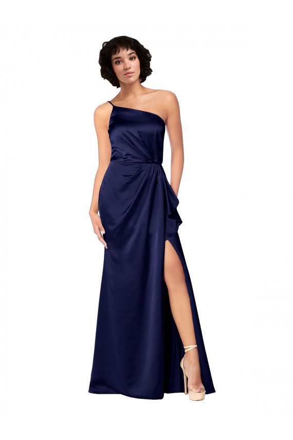 Affordable A-Line One Shoulder Silky Satin Long Sapphire Black Tie Evening Dress Canada