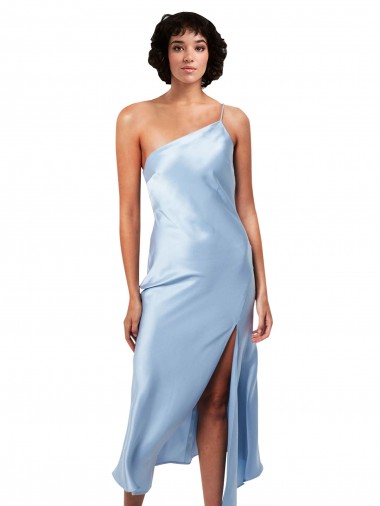 Affordable A-Line One Shoulder Silky Satin Midi Length Light Sky Blue Formal Evening Dress Canada