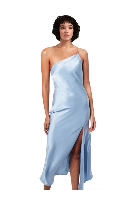 Affordable A-Line One Shoulder Silky Satin Midi Length Light Sky Blue Formal Evening Dress Canada