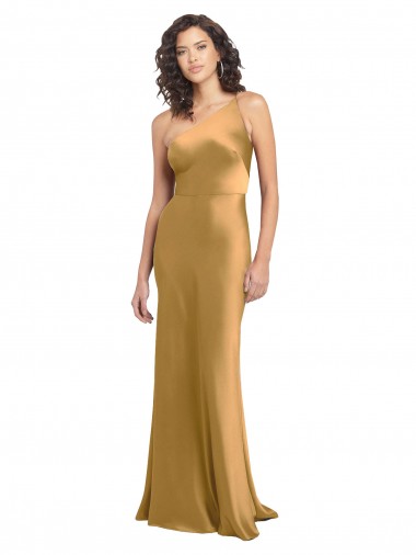 Affordable A-Line One Shoulder Stretch Satin Long Gold Formal Evening Dress Canada
