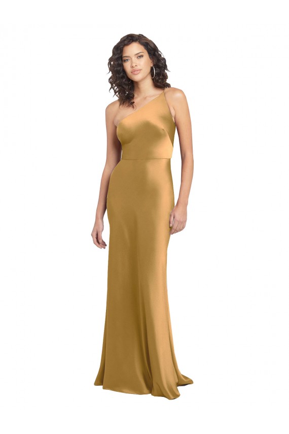 Affordable A-Line One Shoulder Stretch Satin Long Gold Formal Evening Dress Canada