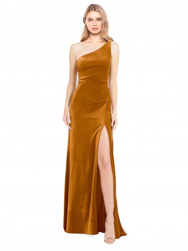 Affordable A-Line One Shoulder Stretch Velvet Long Gold Formal Evening Dress Canada