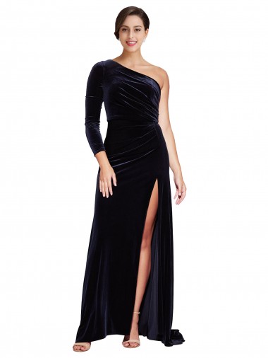 Affordable A-Line One Shoulder Stretch Velvet Sweep Train Dark Navy Formal Evening Dress Canada