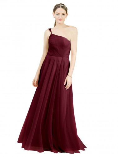 Affordable A-Line One Shoulder Tulle Long Burgundy Semi Formal Evening Dress Canada