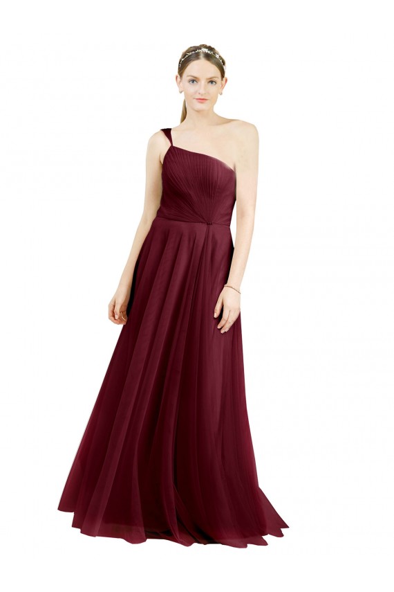 Affordable A-Line One Shoulder Tulle Long Burgundy Semi Formal Evening Dress Canada
