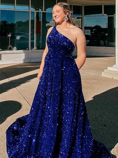 Affordable A-Line One Shoulder Velvet Sequins Sweep Train Royal Blue Velvet Sequin Evening Dress Canada