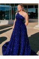 Affordable A-Line One Shoulder Velvet Sequins Sweep Train Royal Blue Velvet Sequin Evening Dress Canada