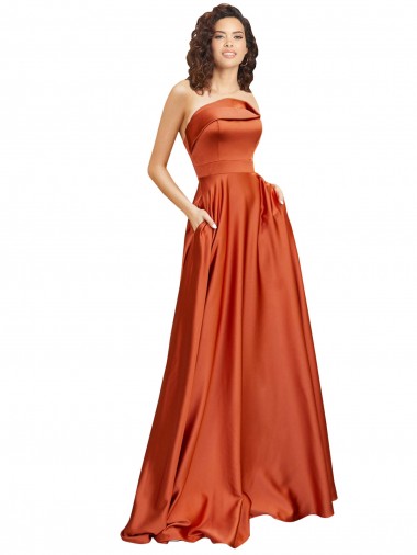 Affordable A-Line Round Neck Silky Satin Sweep Train Burnt Orange Formal Evening Dress Canada