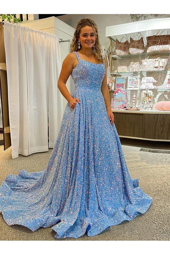 Affordable A-Line Scoop Neck Velvet Sequins Court Train Velvet Sequin Evening Dress Canada