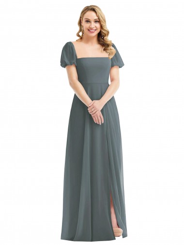 Affordable A-Line Square Neck Soft Chiffon Long Slate Grey Semi Formal Evening Dress Canada