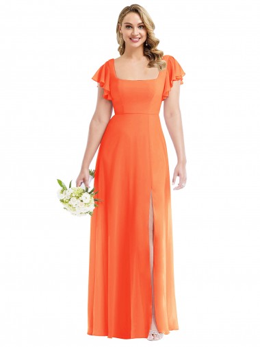 Affordable A-Line Square Neck Soft Chiffon Long Tangerine Tango Semi Formal Evening Dress Canada