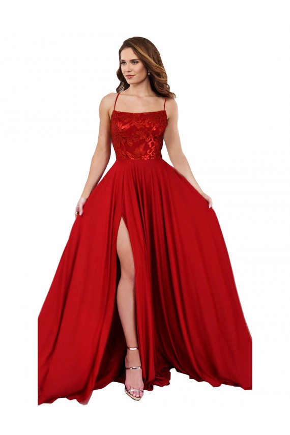 Affordable A-Line Square Neck Spandex & Lace Long Red Semi Formal Evening Dress Canada