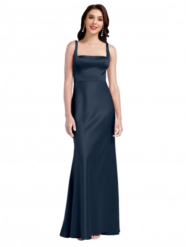 Affordable A-Line Square Neck Stretch Satin Long Dark Navy Formal Evening Dress Canada