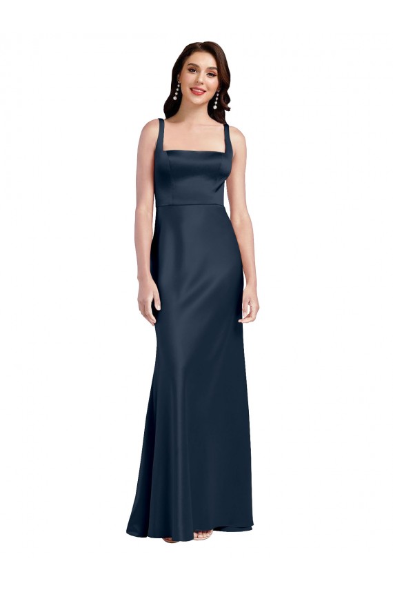 Affordable A-Line Square Neck Stretch Satin Long Dark Navy Formal Evening Dress Canada