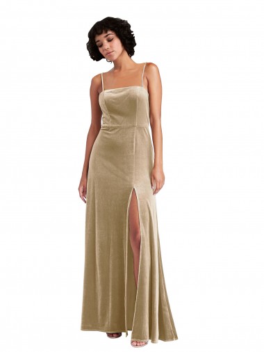 Affordable A-Line Square Neck Stretch Velvet Long Champagne Formal Evening Dress Canada