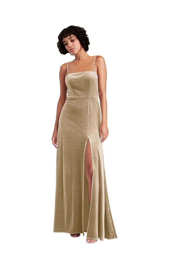 Affordable A-Line Square Neck Stretch Velvet Long Champagne Formal Evening Dress Canada