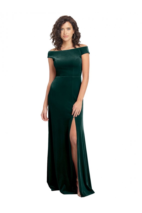 Affordable A-Line Square Neck Stretch Velvet Long Dark Green Formal Evening Dress Canada