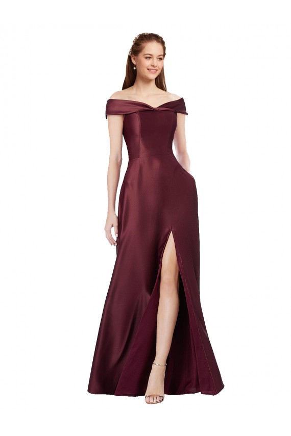 Affordable A-Line Strapless Satin Long Burgundy Gold Black Tie Evening Dress Canada