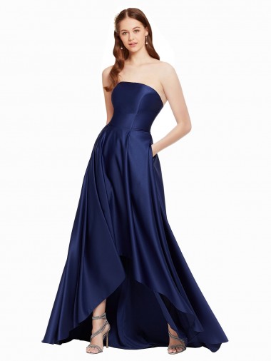 Affordable A-Line Strapless Satin Long Dark Navy High Low Evening Dress Canada