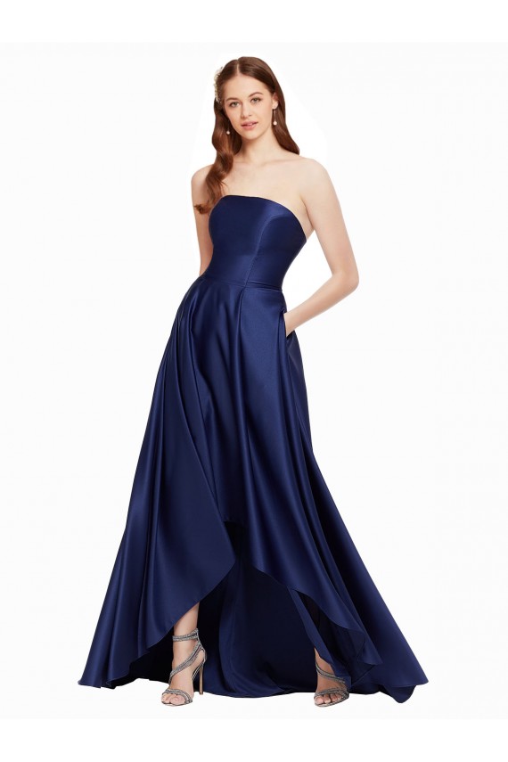 Affordable A-Line Strapless Satin Long Dark Navy High Low Evening Dress Canada