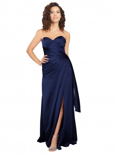 Affordable A-Line Strapless Silky Satin Long Sapphire Formal Evening Dress Canada