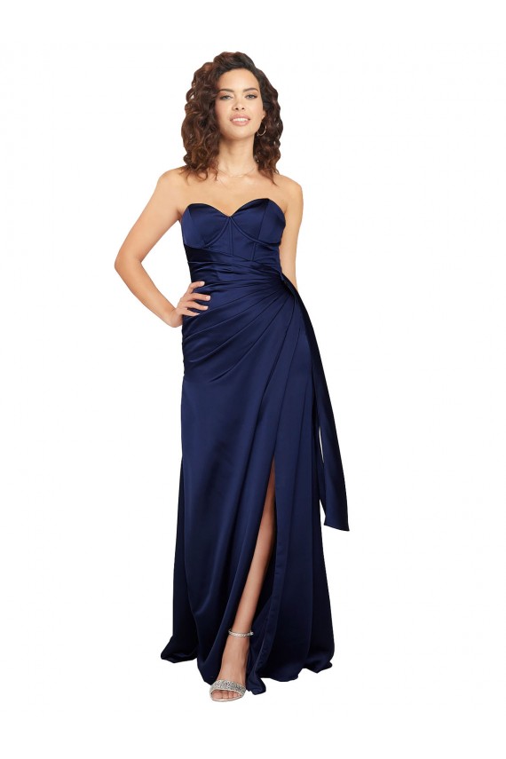 Affordable A-Line Strapless Silky Satin Long Sapphire Formal Evening Dress Canada