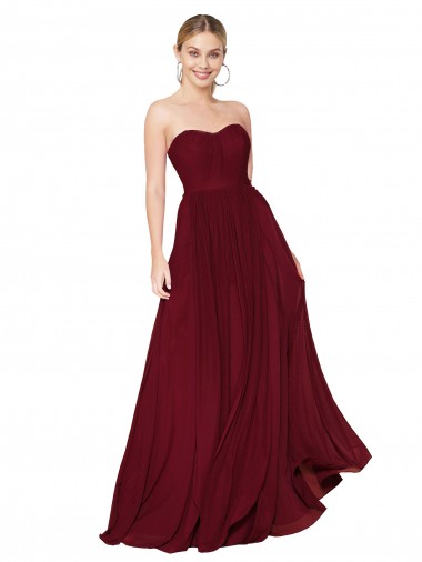 Affordable A-Line Strapless Soft Chiffon Long Burgundy Formal Evening Gown Canada