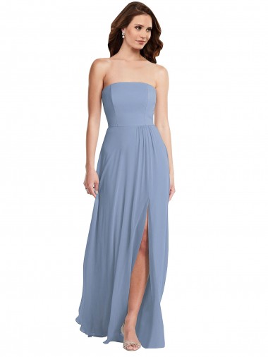 Affordable A-Line Strapless Soft Chiffon Long Dusty Blue Semi Formal Evening Dress Canada