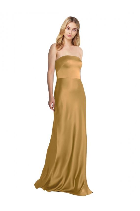 Affordable A-Line Strapless Stretch Satin Long Gold Formal Evening Dress Canada