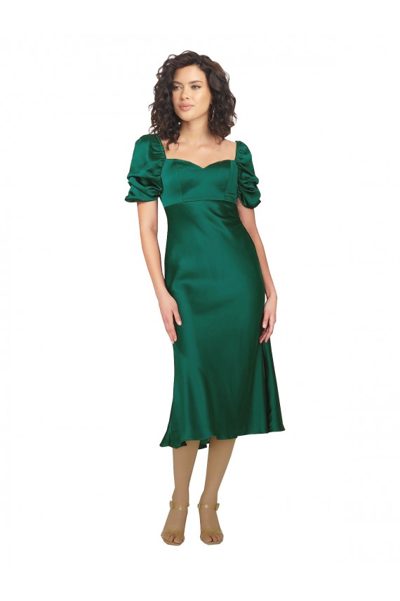 Affordable A-Line Sweetheart Silky Satin Midi Length Hunter Formal Evening Dress Canada