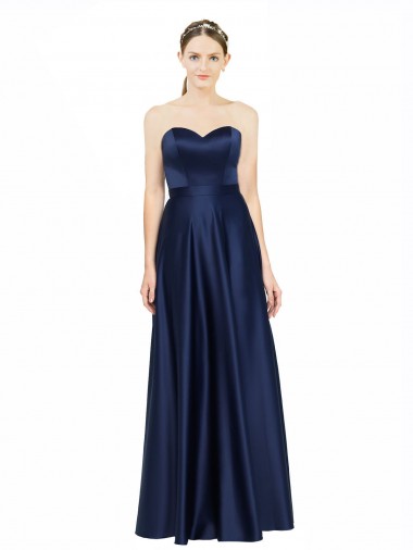 Affordable A-Line Sweetheart Stretch Satin Long Dark Navy Black Tie Evening Dress Canada