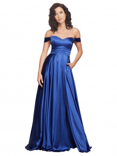Affordable A-Line Sweetheart Stretch Satin Sweep Train Royal Blue Formal Evening Dress Canada
