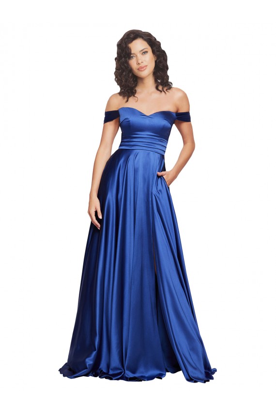 Affordable A-Line Sweetheart Stretch Satin Sweep Train Royal Blue Formal Evening Dress Canada