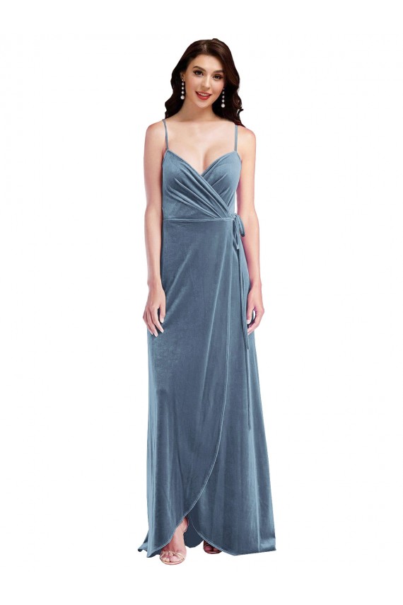 Affordable A-Line Sweetheart Stretch Velvet Long Dusty Blue Semi Formal Evening Dress Canada