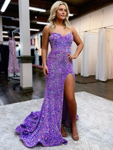 Affordable A-Line Sweetheart Velvet Sequins Court Train Lavender Velvet Sequin Evening Dress Canada