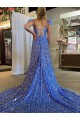 Affordable A-Line V-Neck Velvet Sequins Court Train Velvet Sequin Evening Dress Canada