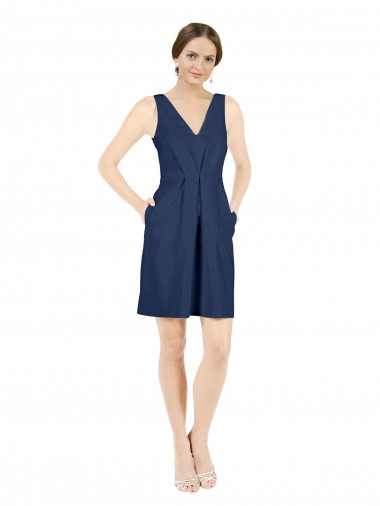 Affordable A-Line V-Neck Satin Knee Length Dark Navy Evening Dress Canada