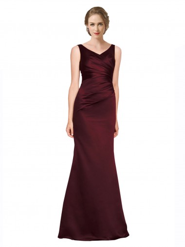Affordable A-Line V-Neck Satin Long Burgundy Black Tie Evening Dress Canada