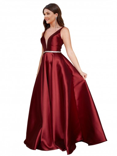 Affordable A-Line V-Neck Satin Long Burgundy Formal Plus Size Evening Dress Canada