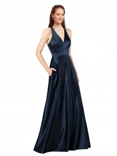 Affordable A-Line V-Neck Satin Long Dark Navy Formal Evening Dress Canada
