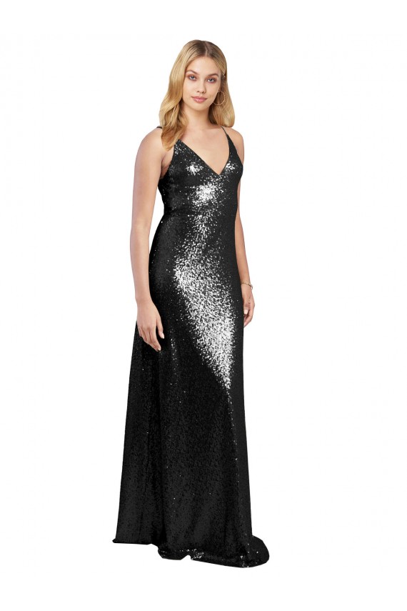 Affordable A-Line V-Neck Sequin Long Black Formal Evening Dress Canada