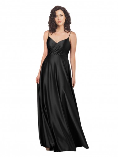Affordable A-Line V-Neck Silky Satin Long Black Formal Dress Canada