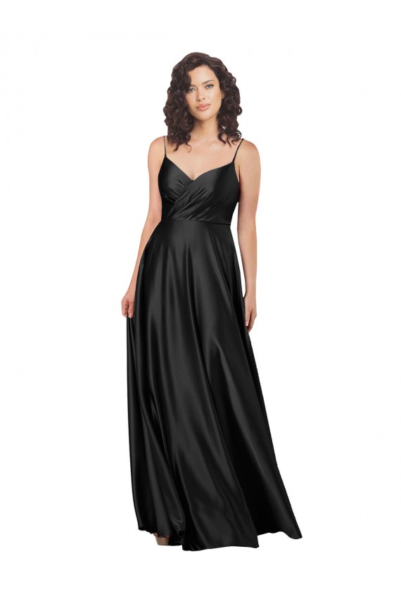 Affordable A-Line V-Neck Silky Satin Long Black Formal Dress Canada