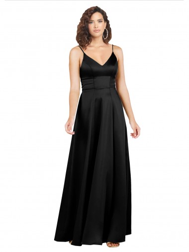Affordable A-Line V-Neck Silky Satin Long Black Formal Evening Dress Canada